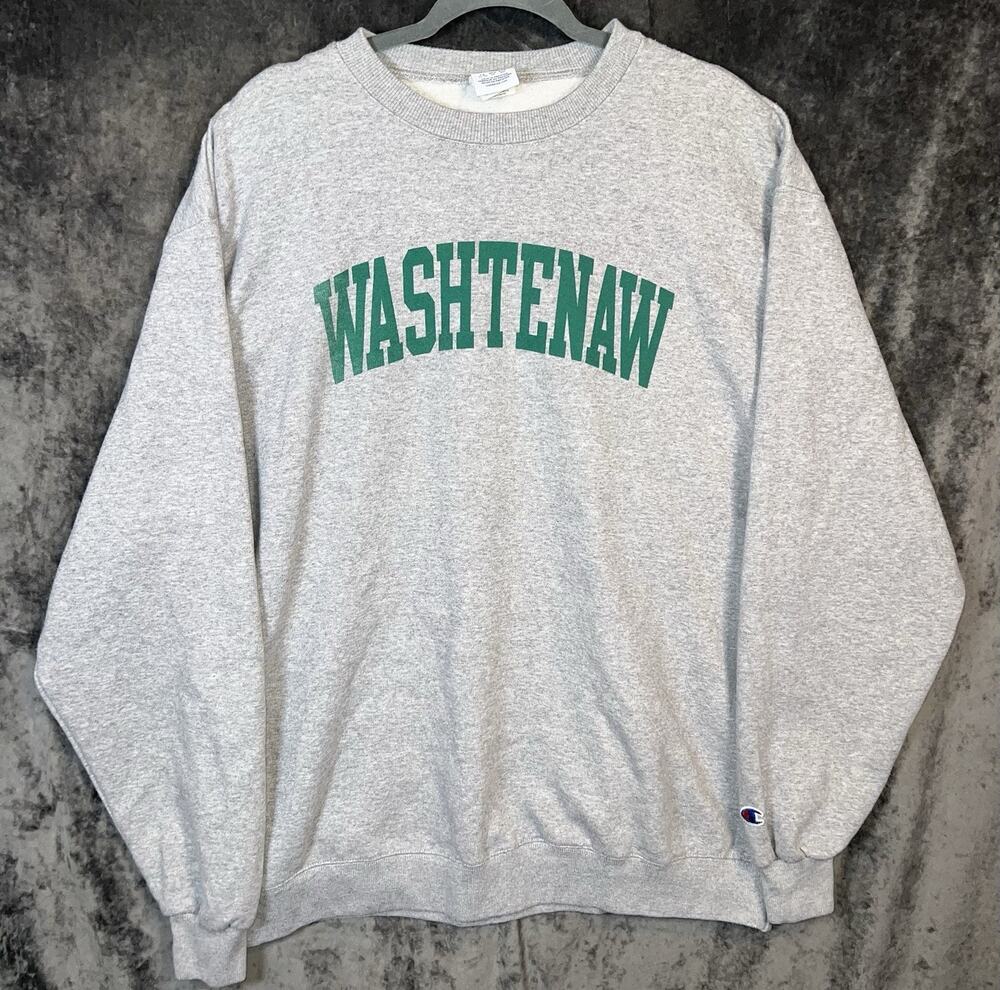 Champion Washtenaw Crewneck Sweatshirt Gray XL Spell Out Reverse Weave Style